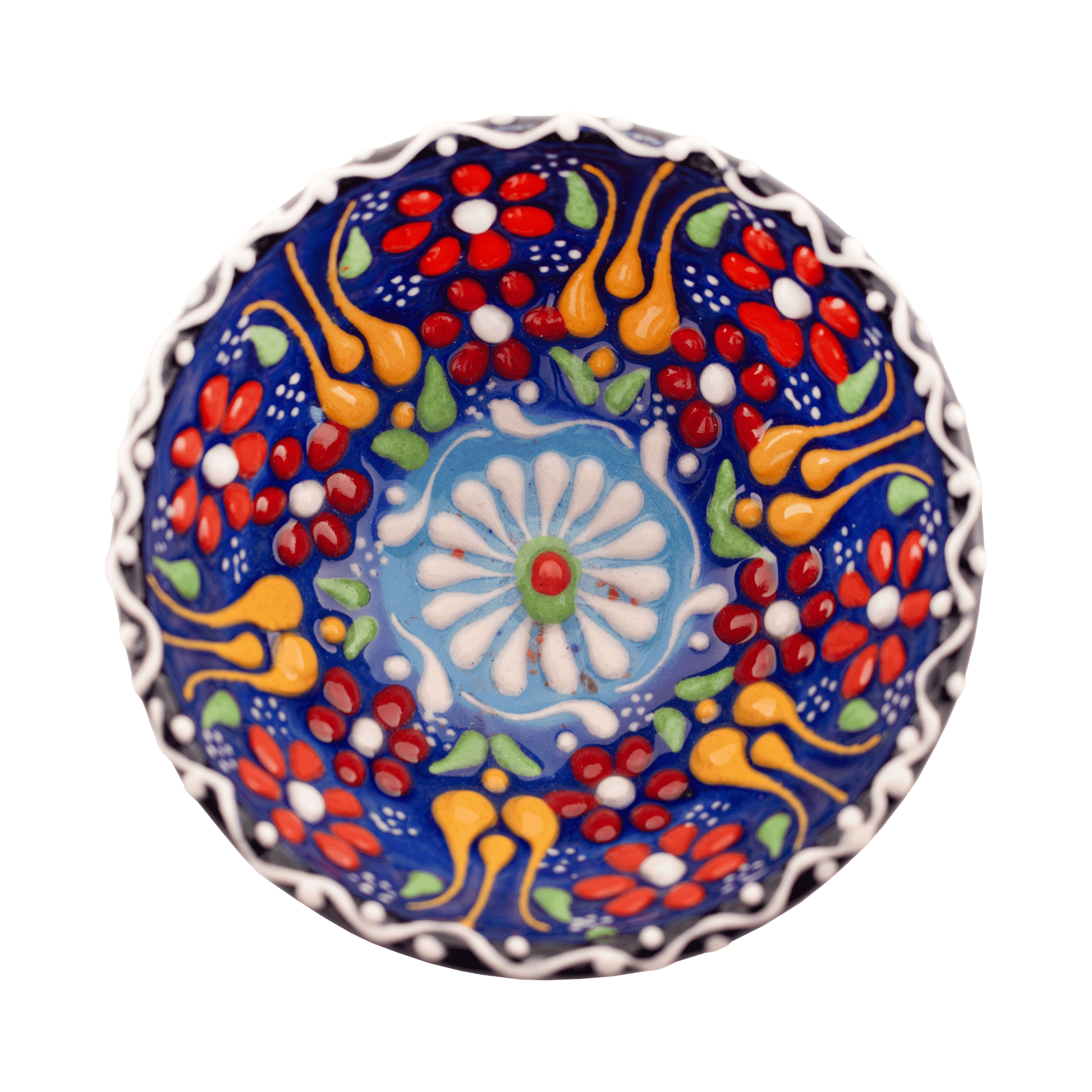 Handmade navy blue ceramic bowl with a multicolored floral design