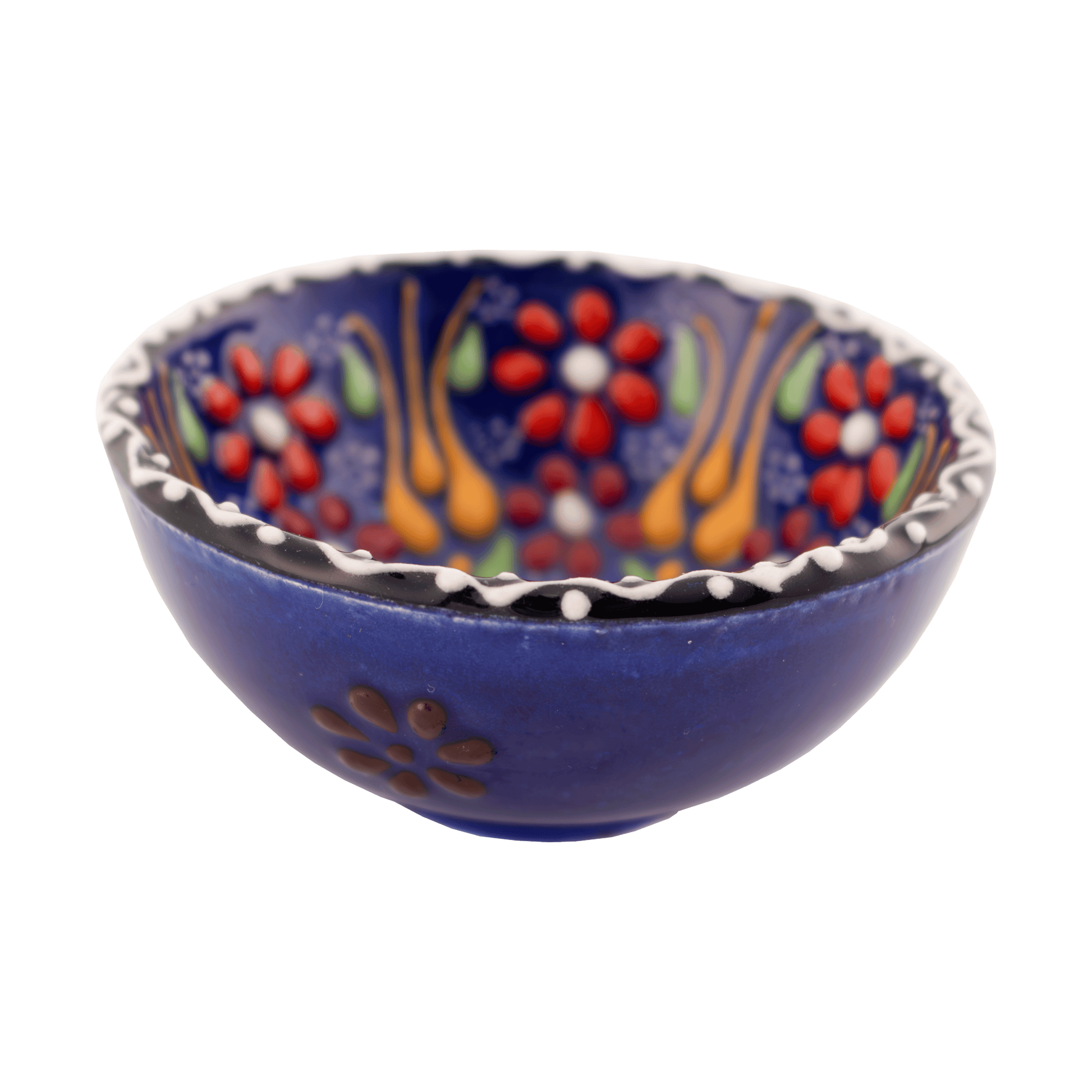 Handmade navy blue ceramic bowl with a multicolored floral design