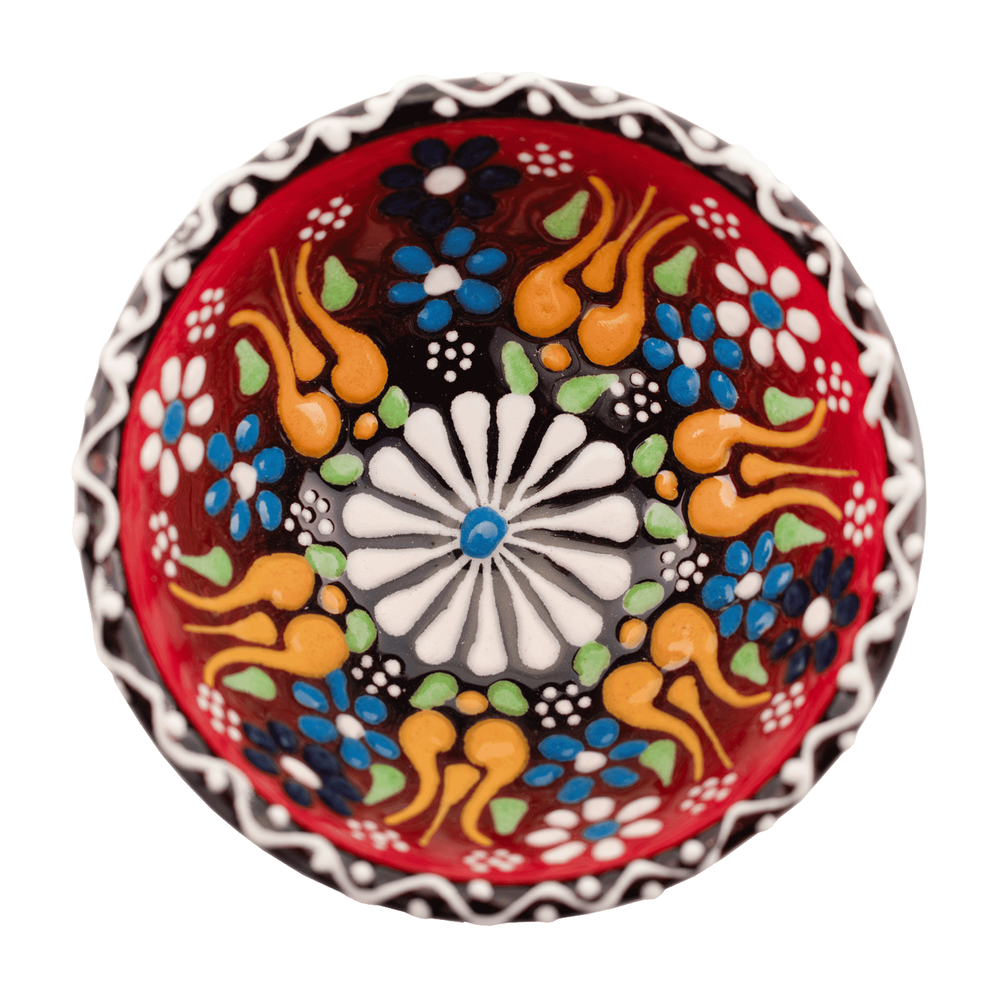 Handmade red ceramic bowl with a multicolored floral design