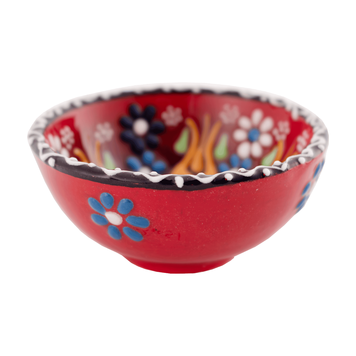 Handmade red ceramic bowl with a multicolored floral design