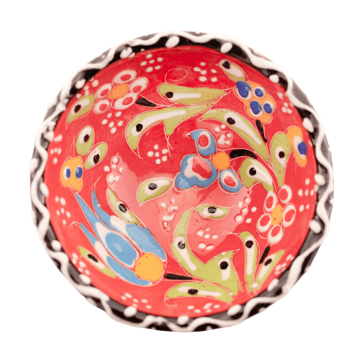 Handmade salmon-colored ceramic bowl with a multicolored floral design