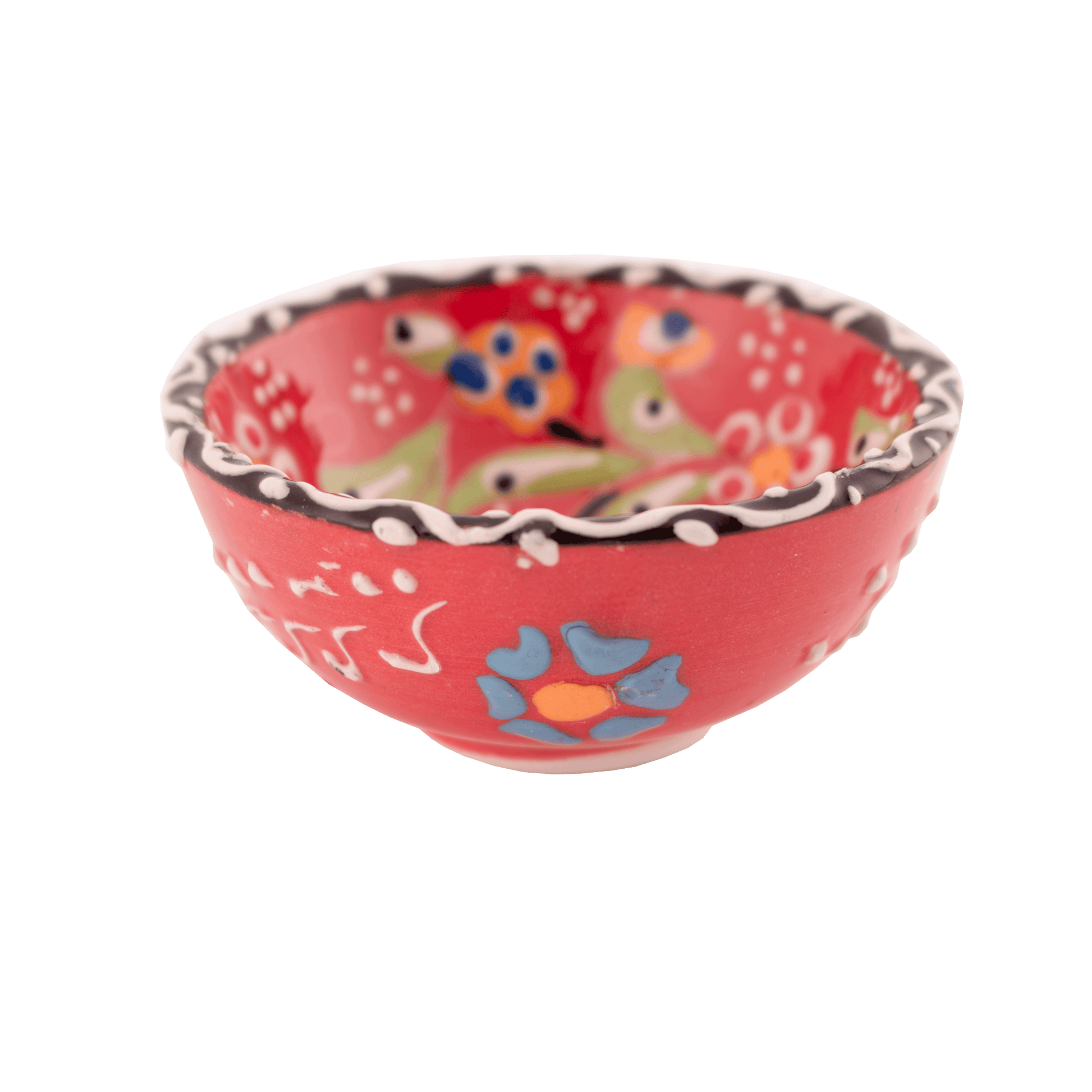 Handmade salmon-colored ceramic bowl with a multicolored floral design