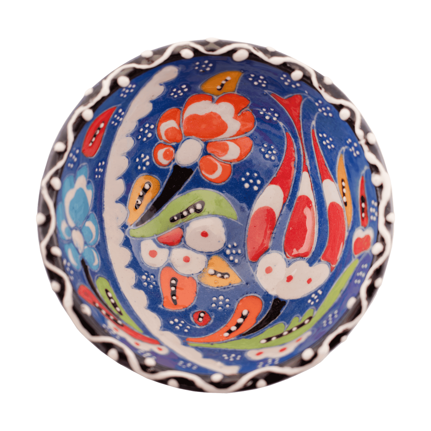 Handmade sapphire blue ceramic bowl with a multicolored floral design