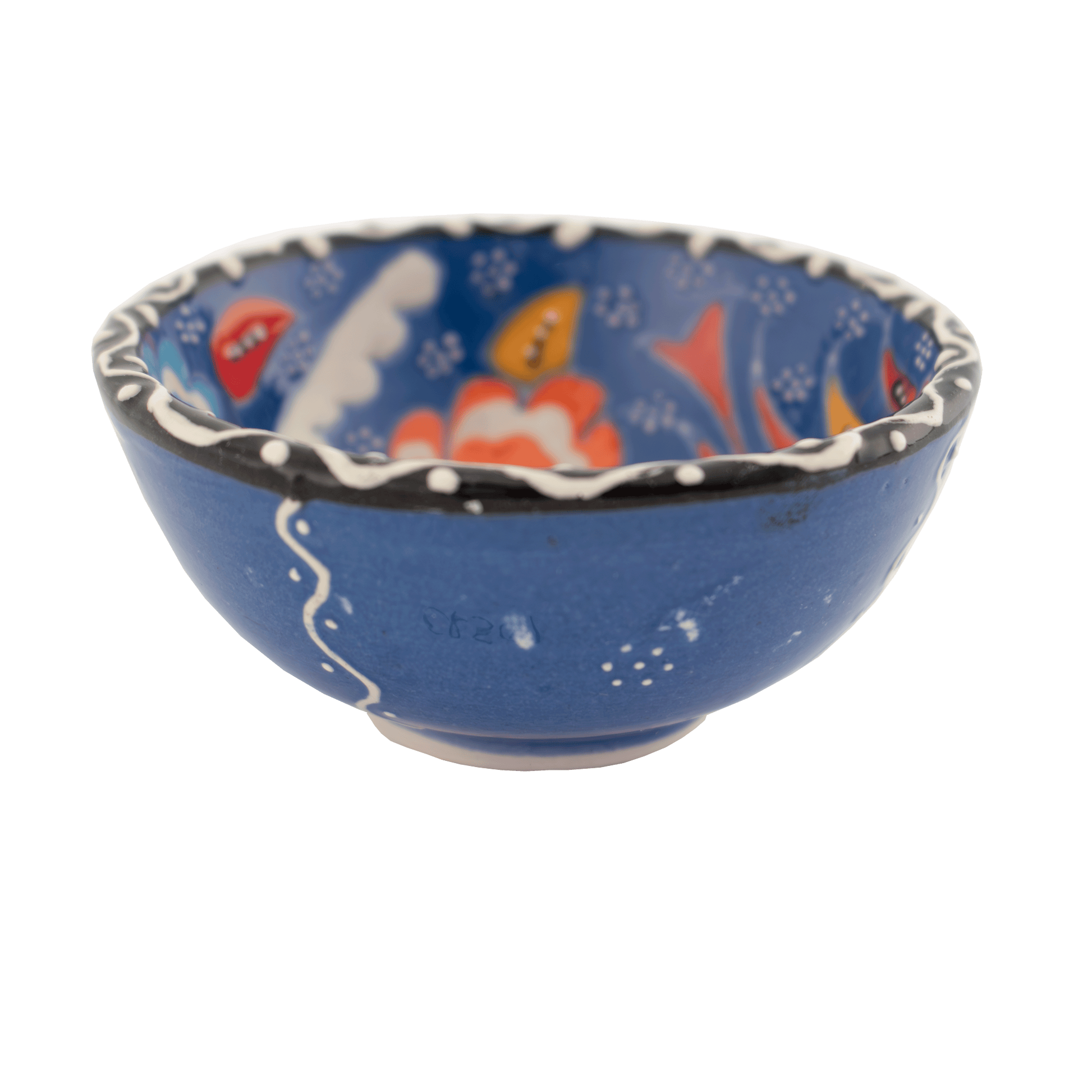 Handmade sapphire blue ceramic bowl with a multicolored floral design