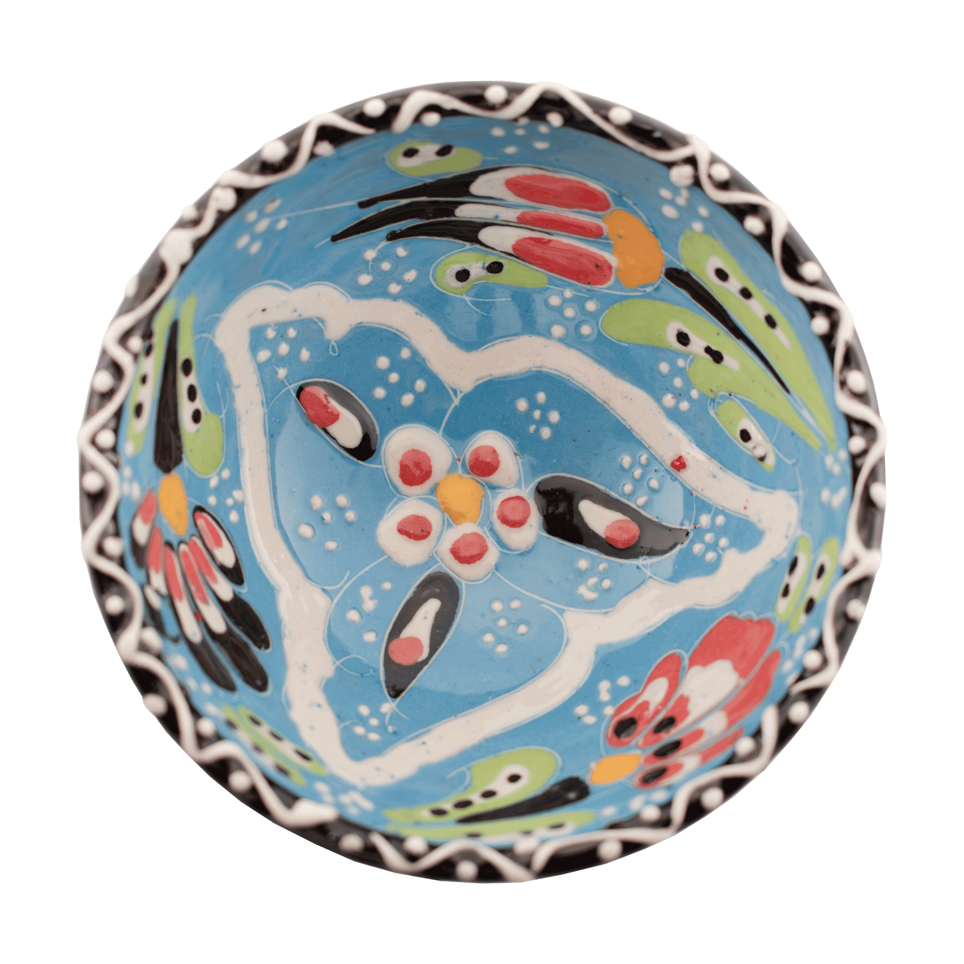 Handmade light blue ceramic bowl with a multicolored floral design