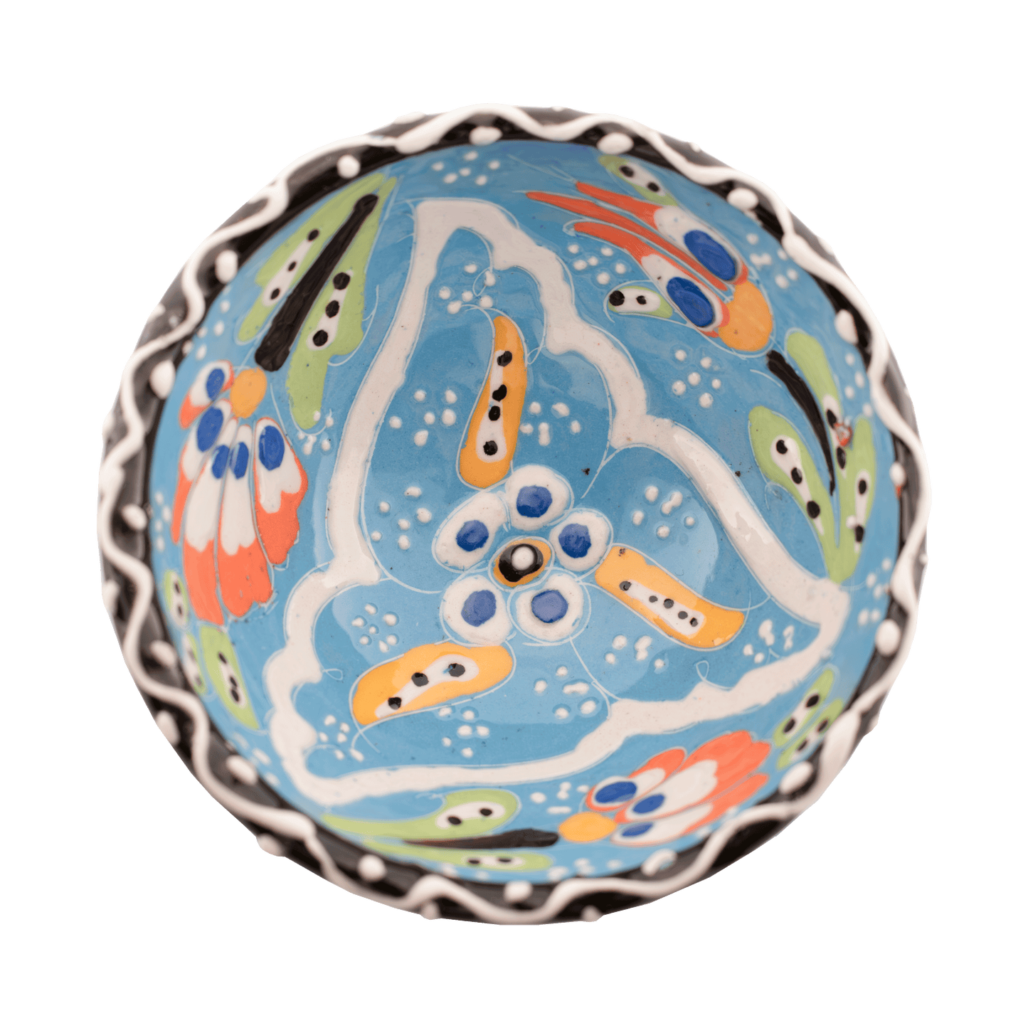 Handmade light blue ceramic bowl with a multicolored floral design