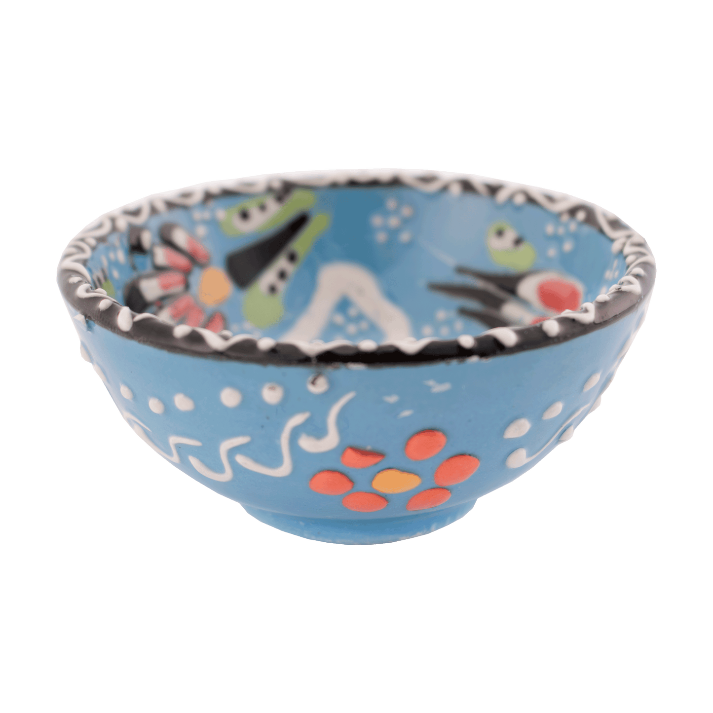 Handmade light blue ceramic bowl with a multicolored floral design