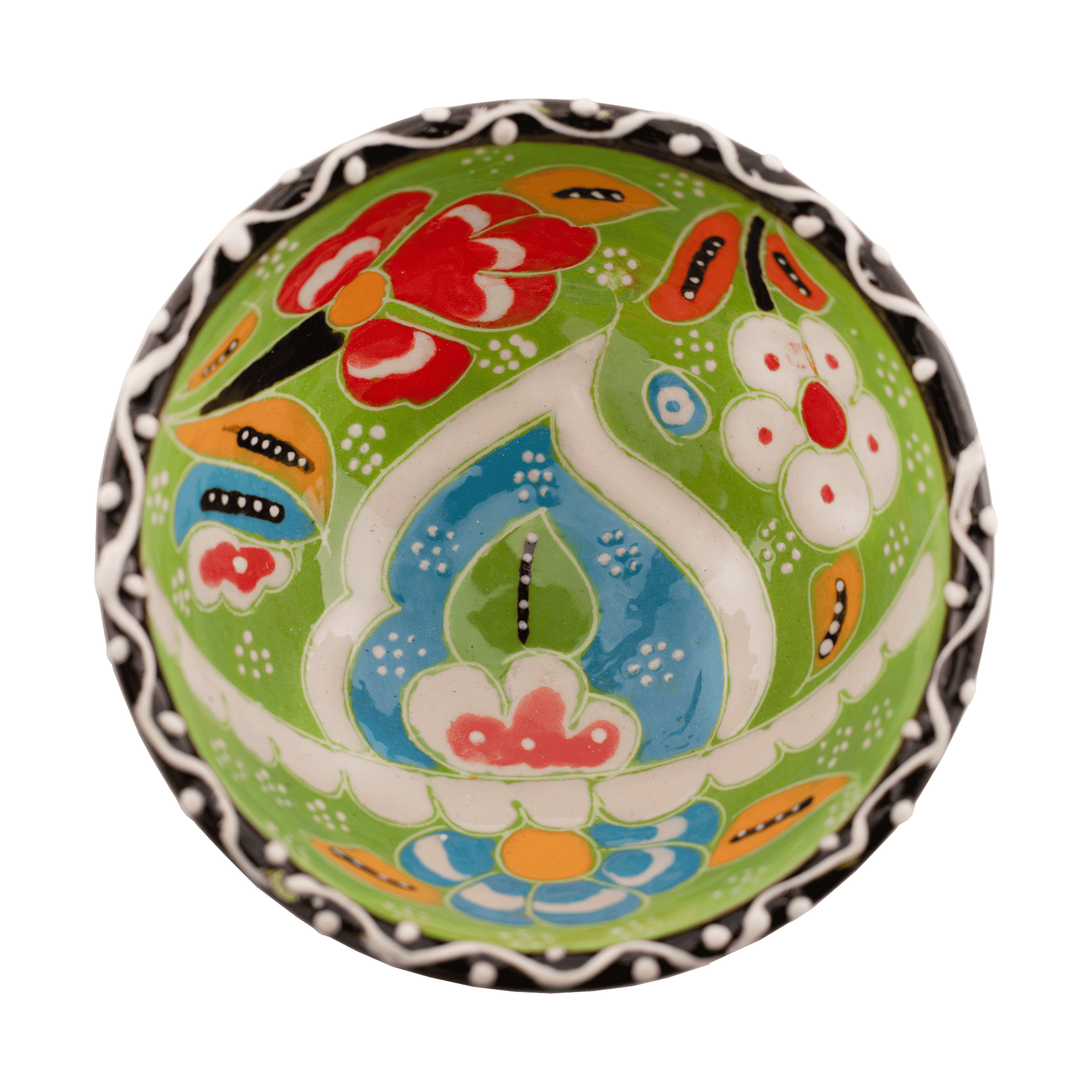 Handmade lime green ceramic bowl with a multicolored floral design