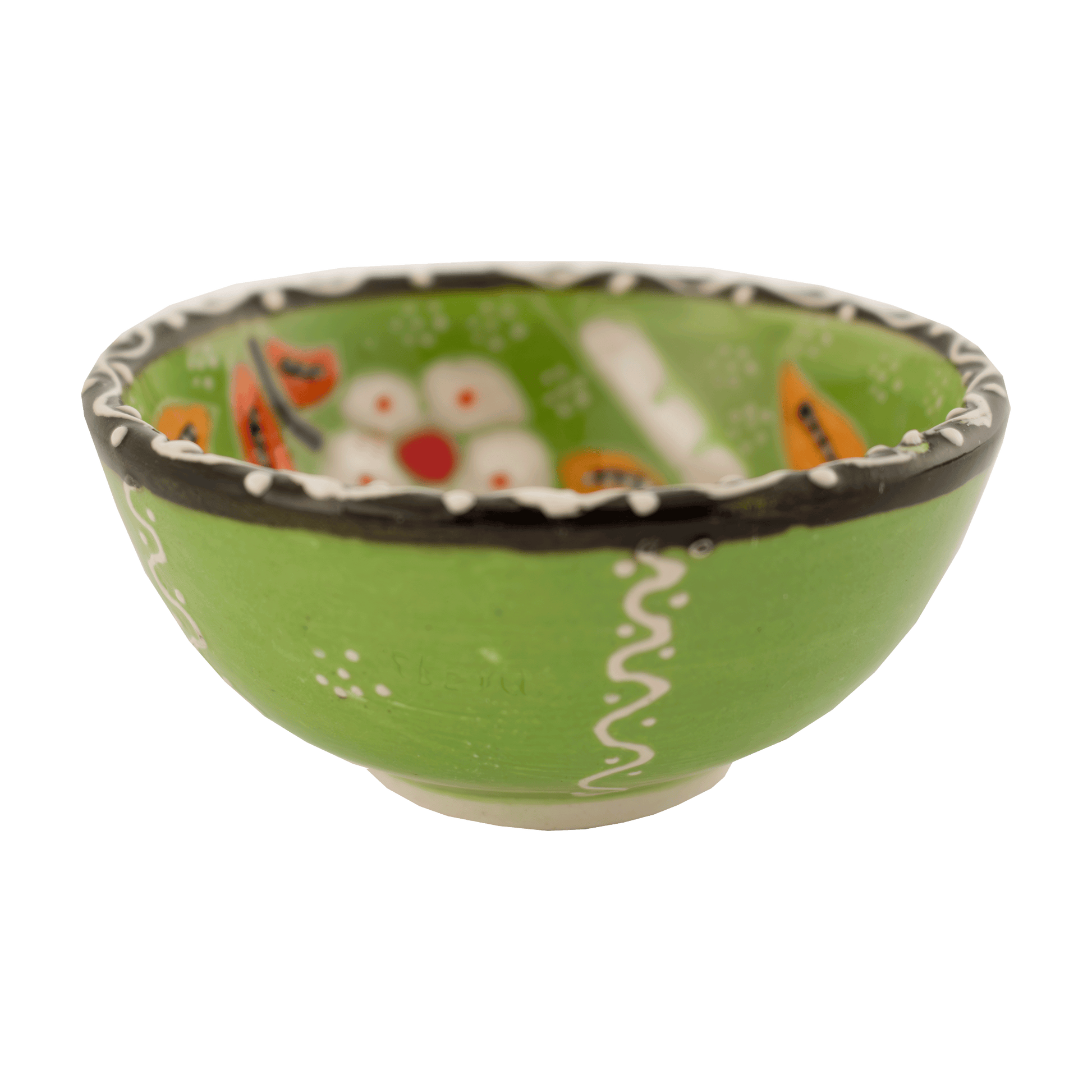 Handmade lime green ceramic bowl with a multicolored floral design