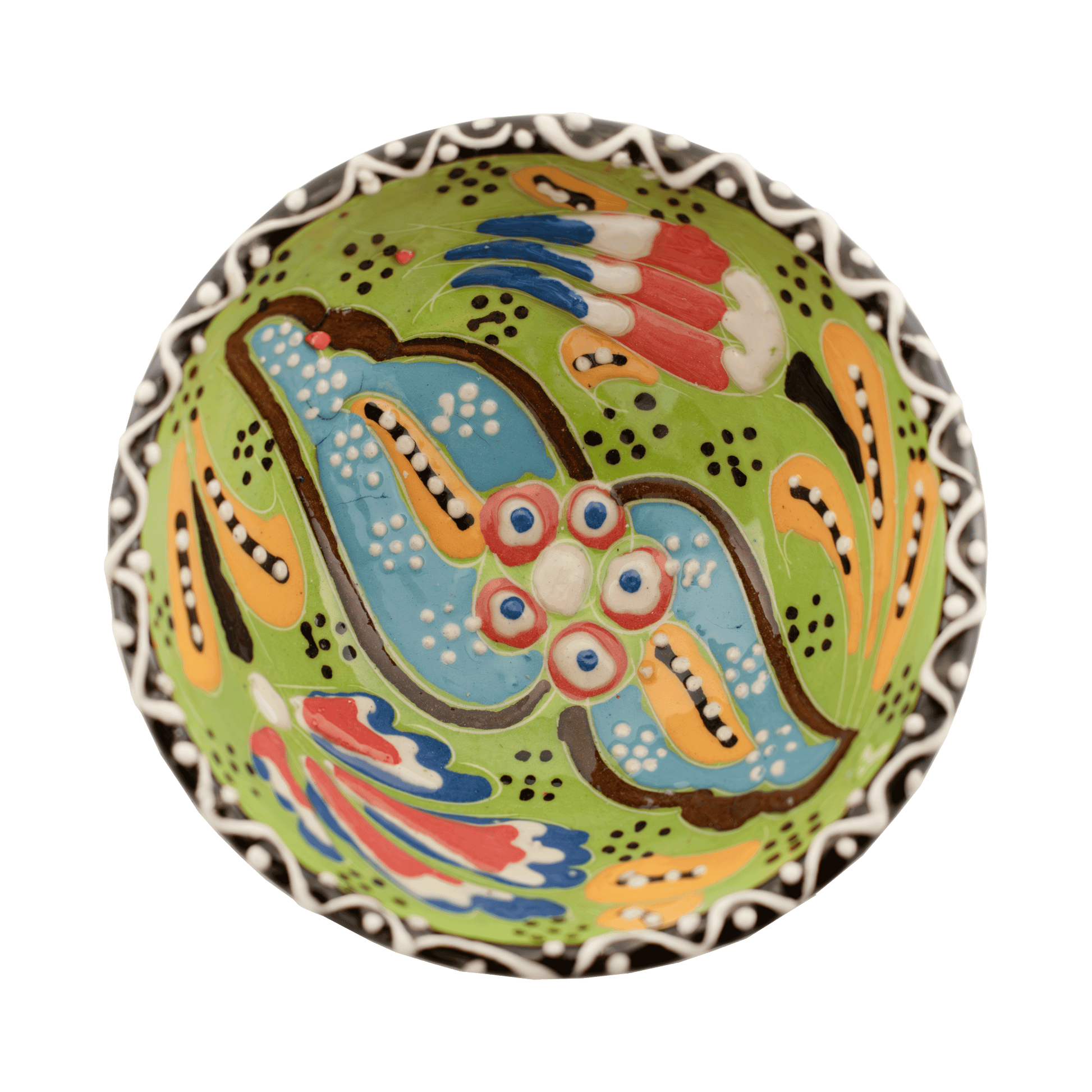 Handmade lime green ceramic bowl with a multicolored floral design