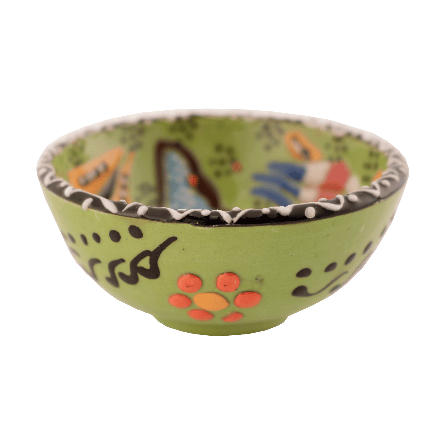 Handmade lime green ceramic bowl with a multicolored floral design