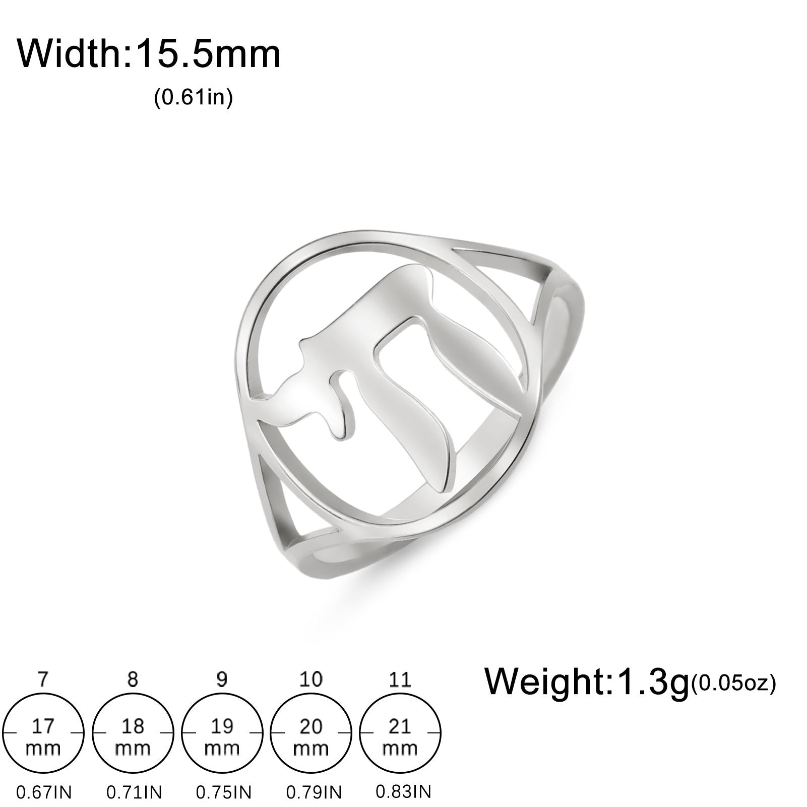 Silver Chai stainless steel ring showing 15.5 mm width, 1.3 g weight, and sizes 7 through 11 on white background