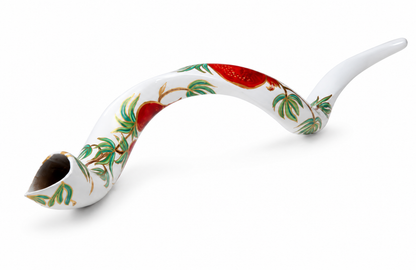 Yemenite Shofar 40" - 44" - Hand Painted Pomegranate Design on White