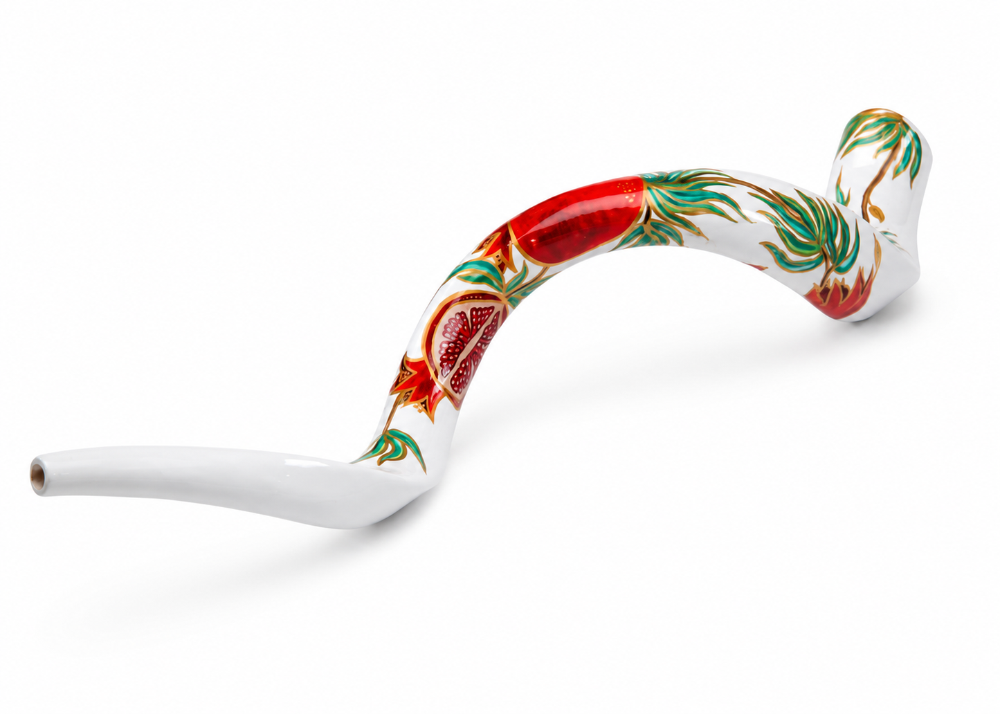 Yemenite Shofar 40" - 44" - Hand Painted Pomegranate Design on White