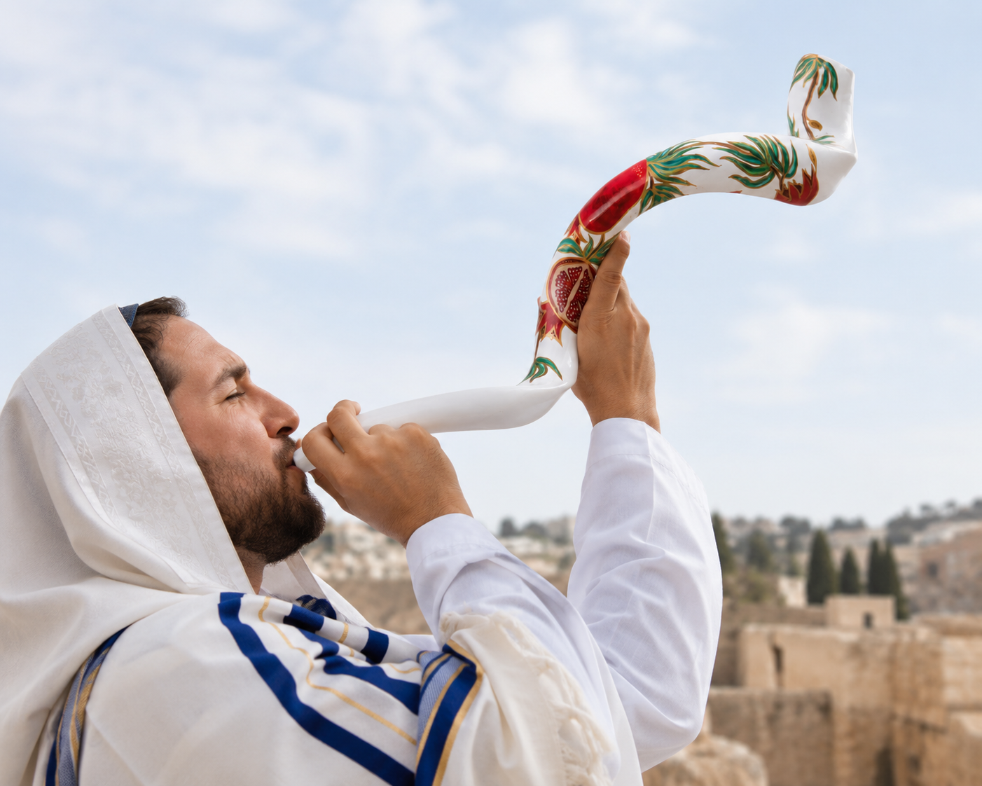 Yemenite Shofar 40" - 44" - Hand Painted Pomegranate Design on White