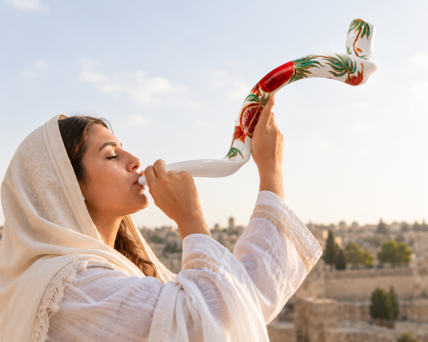 Yemenite Shofar 40" - 44" - Hand Painted Pomegranate Design on White
