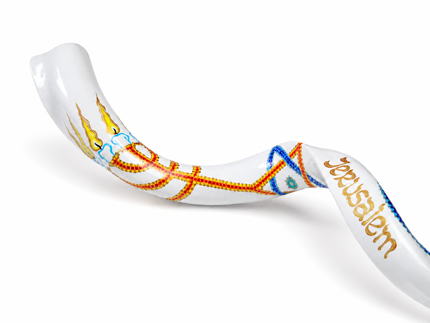 Yemenite Shofar 40" - 44" - Hand Painted Grafted In Design on White