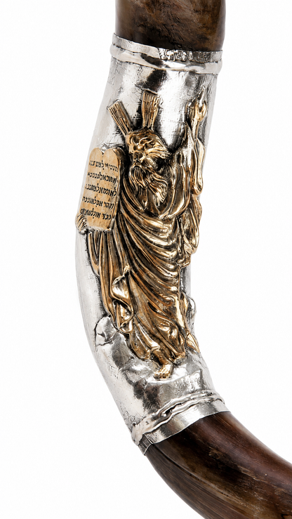 Yemenite Shofar 40" - 42" - Silver Plated Moses and Ten Commandments