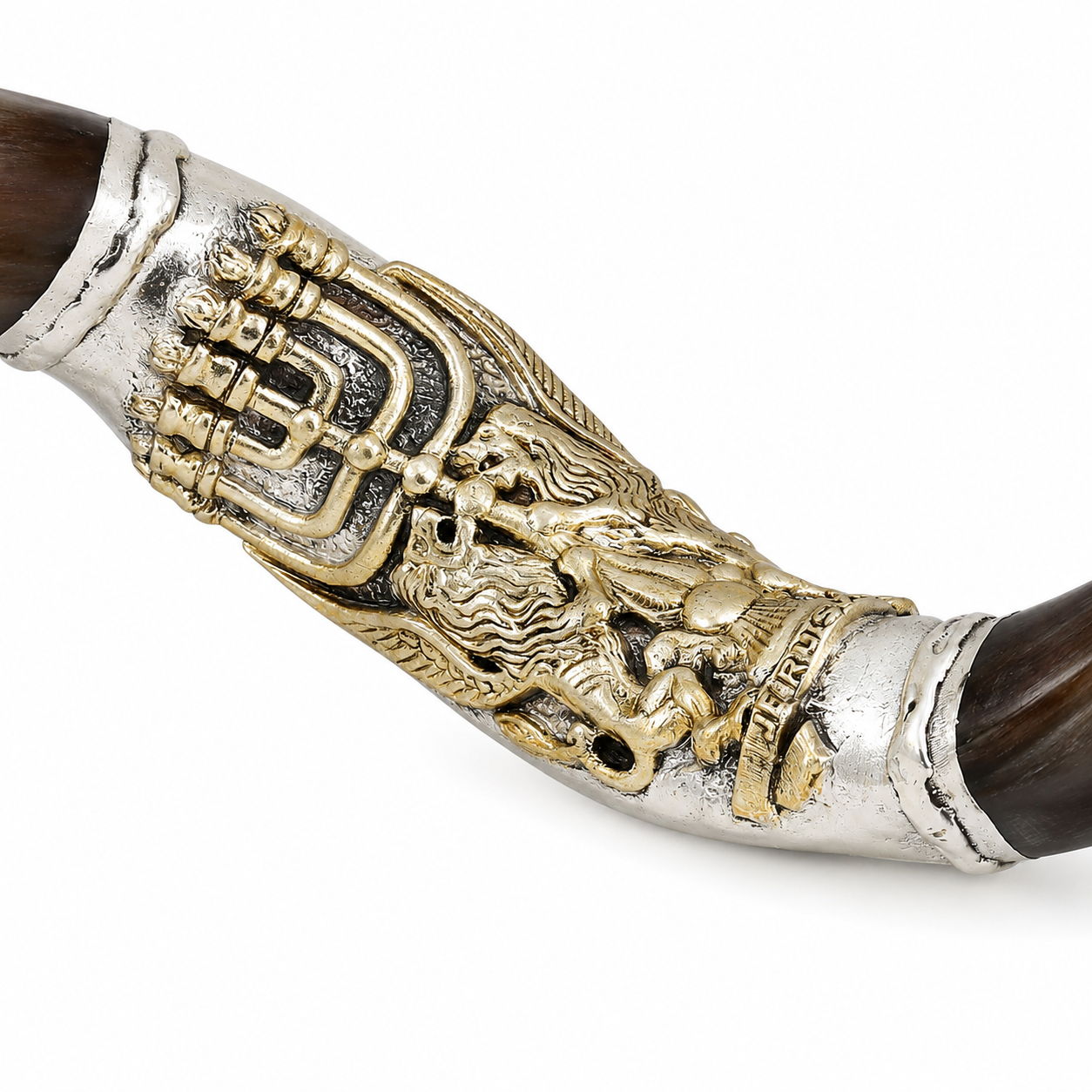 Yemenite Shofar 40" - 42" - Silver Plated Menorah and Lion Design