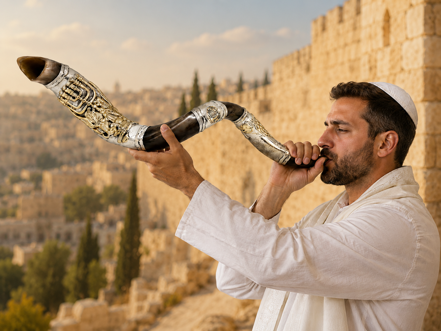 Yemenite Shofar 40" - 42" - Silver Plated Menorah and Lion Design