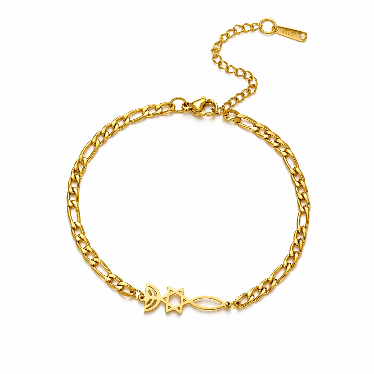 Gold-tone Grafted In stainless steel bracelet with menorah, Star of David, and Christian fish symbols