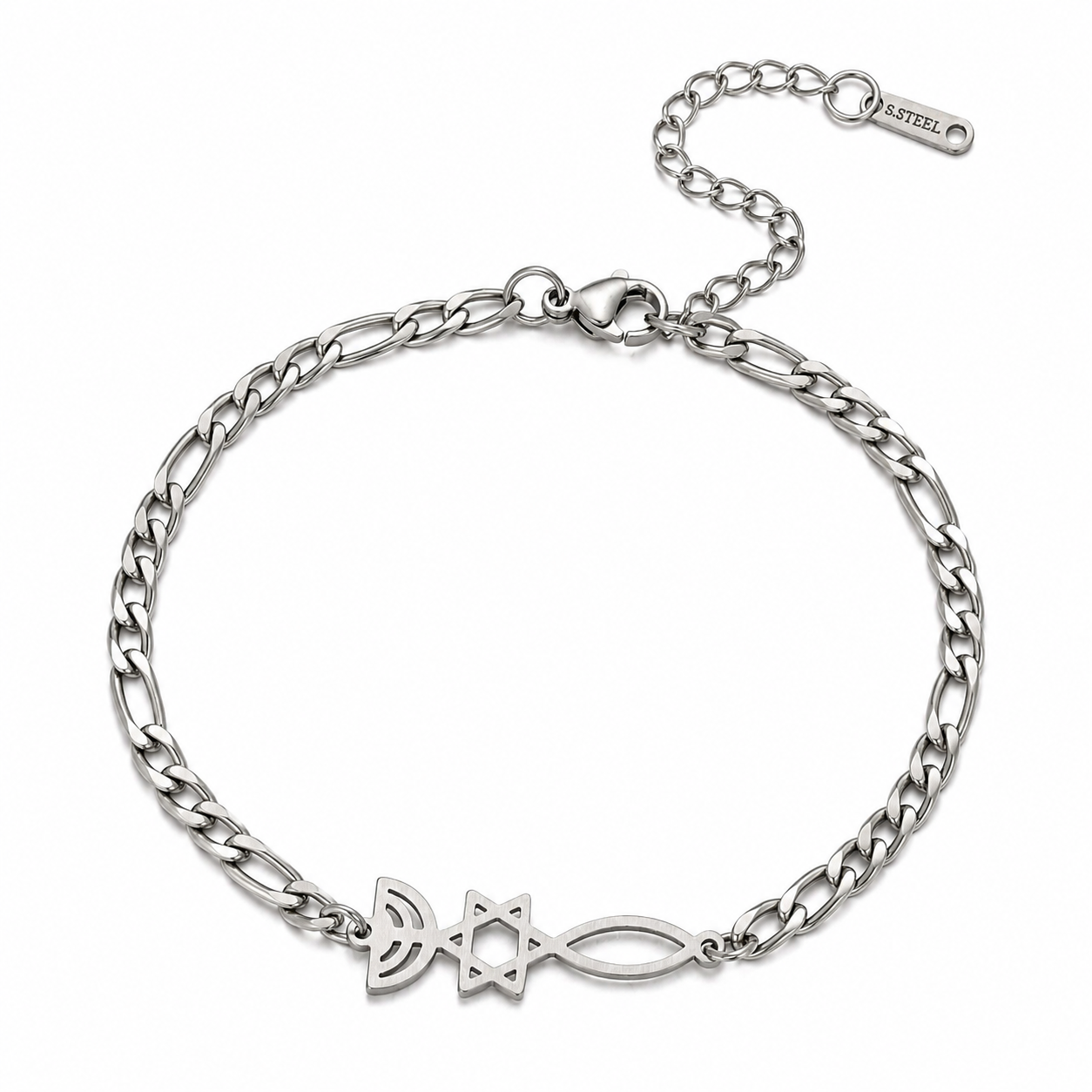 Silver-tone Grafted In bracelet with menorah, Star of David, and Christian fish symbols
