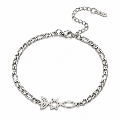 Silver-tone Grafted In bracelet with menorah, Star of David, and Christian fish symbols