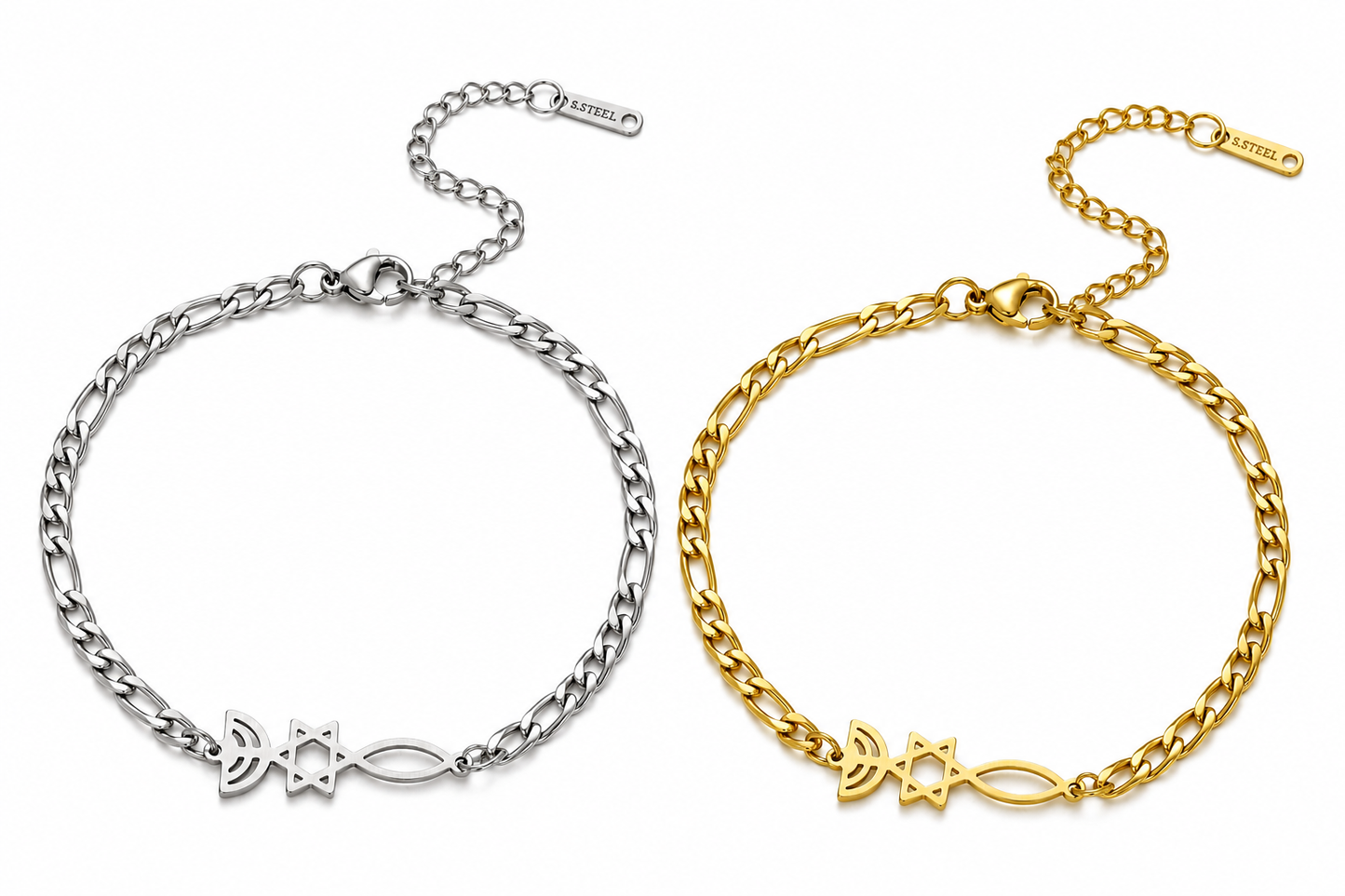 Gold-tone and silver-tone Grafted In bracelets with menorah, Star of David, and Christian fish symbols