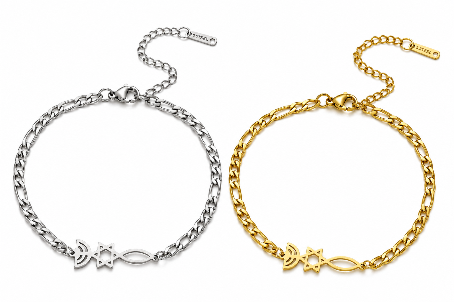 Gold-tone and silver-tone Grafted In bracelets with menorah, Star of David, and Christian fish symbols
