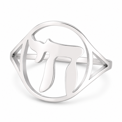 Silver-tone Hebrew Chai stainless steel ring on white background