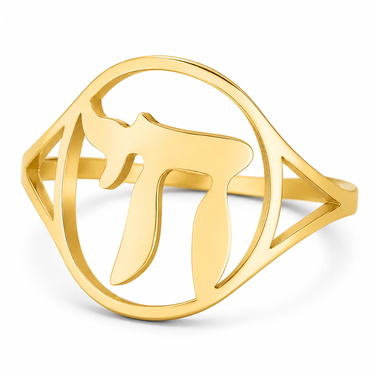 Gold-tone Hebrew Chai stainless steel ring on white background