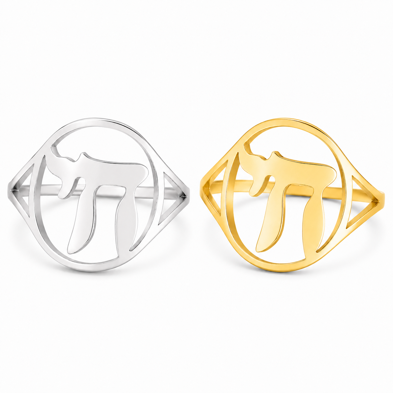 Gold and silver Hebrew Chai stainless steel rings displayed together om white background