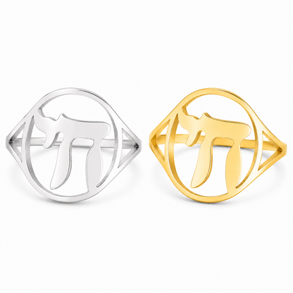 Gold and silver Hebrew Chai stainless steel rings displayed together om white background
