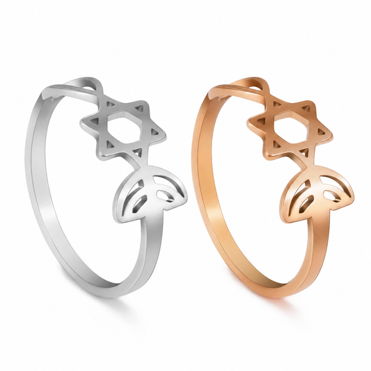 Silver and rose gold Star of David and olive branch rings displayed side by side on a white background