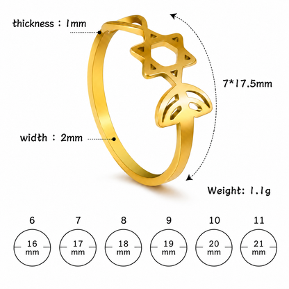 Gold grafted-in ring with Star of David design, shown with size and measurement chart for sizes 6–11