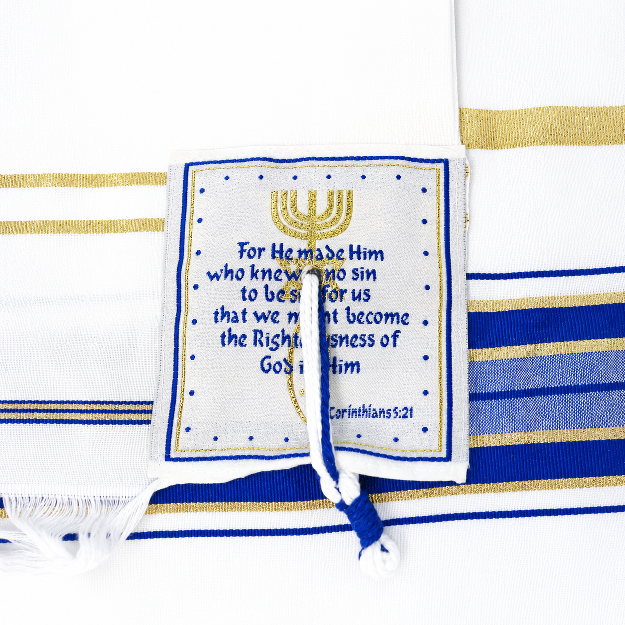 Prayer shawl corner patch with Scripture verse and blue white tzitzit