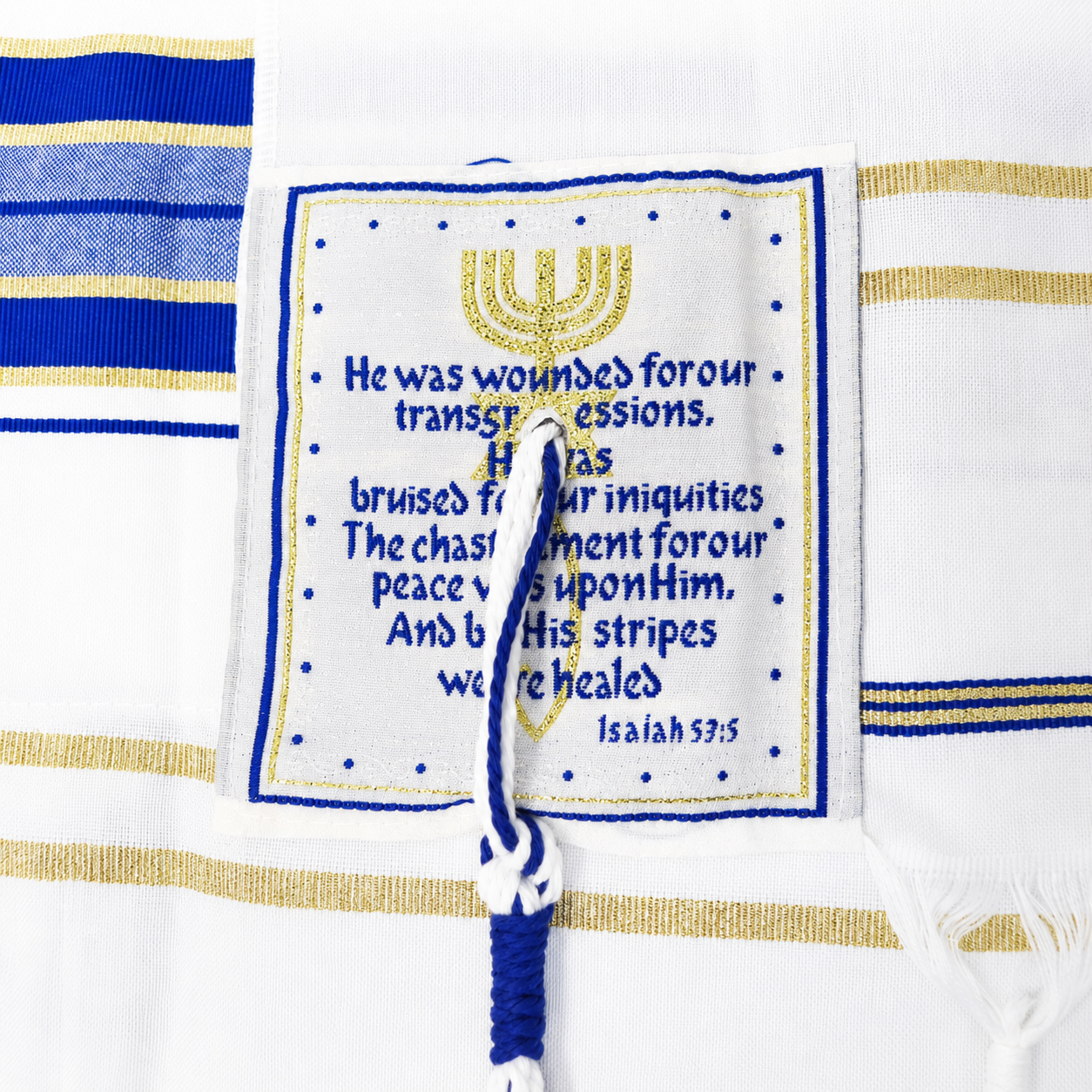 Prayer shawl Isaiah 53 verse corner with royal blue and gold stripes