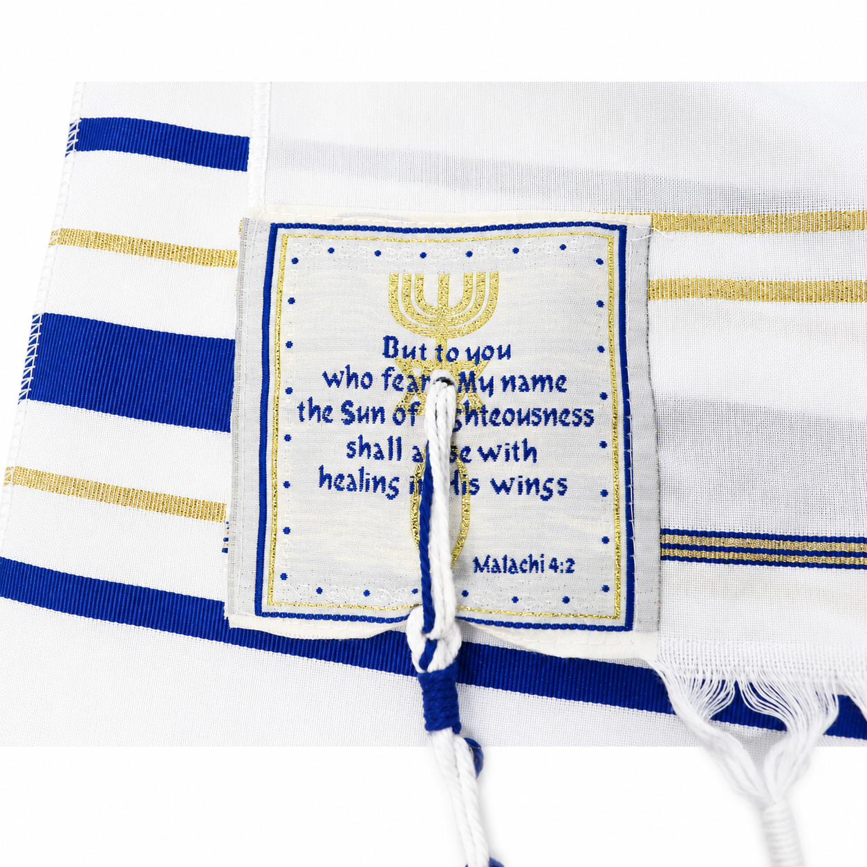 Prayer shawl Malachi 4 verse corner with tzitzit and blue gold stripes