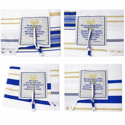 Prayer shawl Scripture 4 corner Scripture patches with royal blue and gold stripes