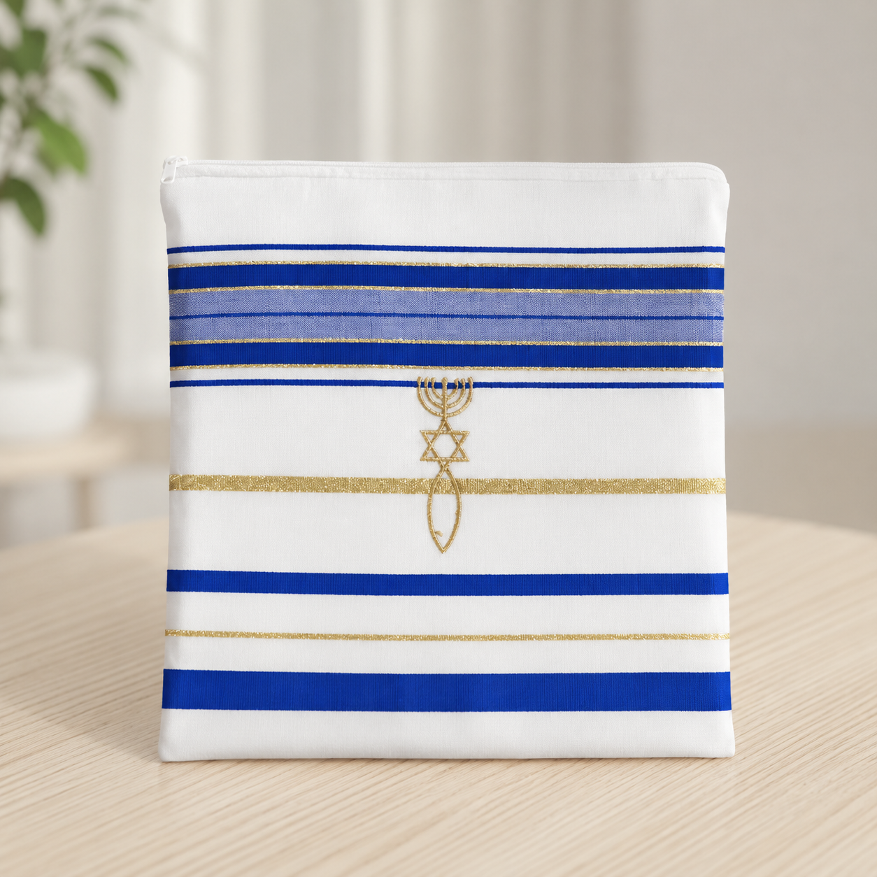 Royal blue and gold prayer shawl bag with Grafted-In symbol