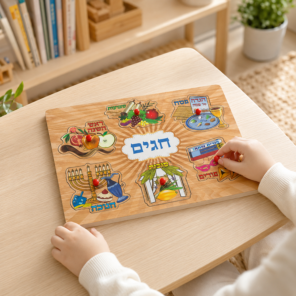 Child playing with Jewish Holiday wooden peg puzzle on table
