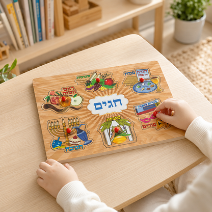 Child playing with Jewish Holiday wooden peg puzzle on table