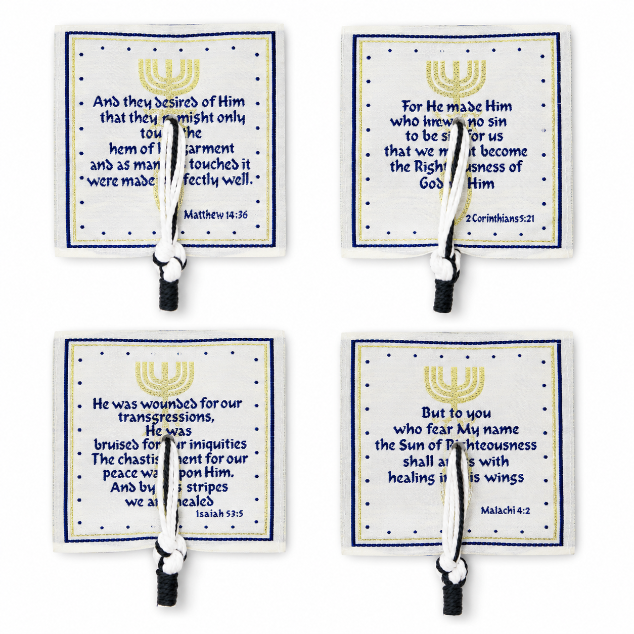 Navy blue and gold prayer shawl corner patch with Scripture