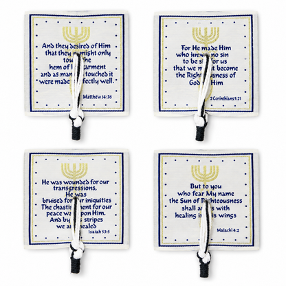 Navy blue and gold prayer shawl corner patch with Scripture