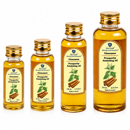 Ein Gedi Cinnamon Prosperity anointing oil PET bottles in 30ml, 50ml, 100ml, and 250ml sizes on white background