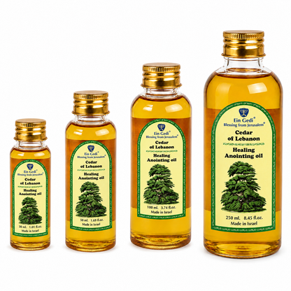 Ein Gedi Cedar of Lebanon Healing anointing oil PET bottles in 30ml, 50ml, 100ml, and 250ml sizes on white background