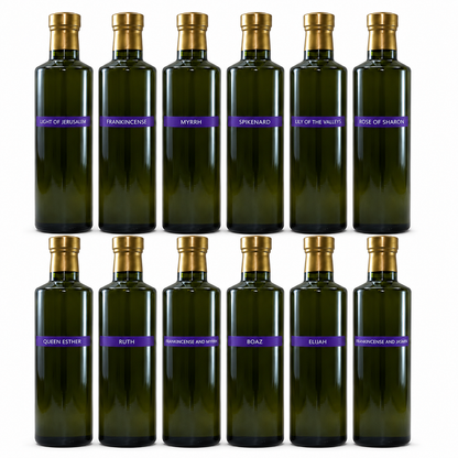 Ein Gedi 500ml anointing oil glass bottles from Israel in multiple biblical scents on white background