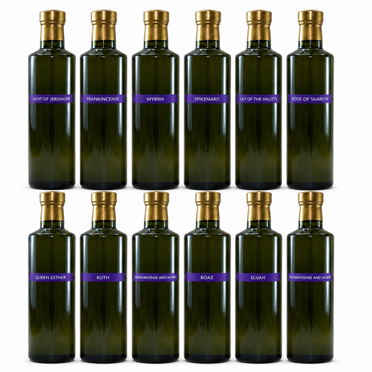 Ein Gedi 500ml anointing oil glass bottles from Israel in multiple biblical scents on white background