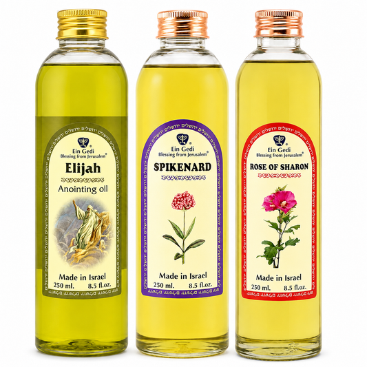 Ein Gedi 250ml anointing oil PET bottles in Spikenard, Rose of Sharon, and Elijah scents on white background