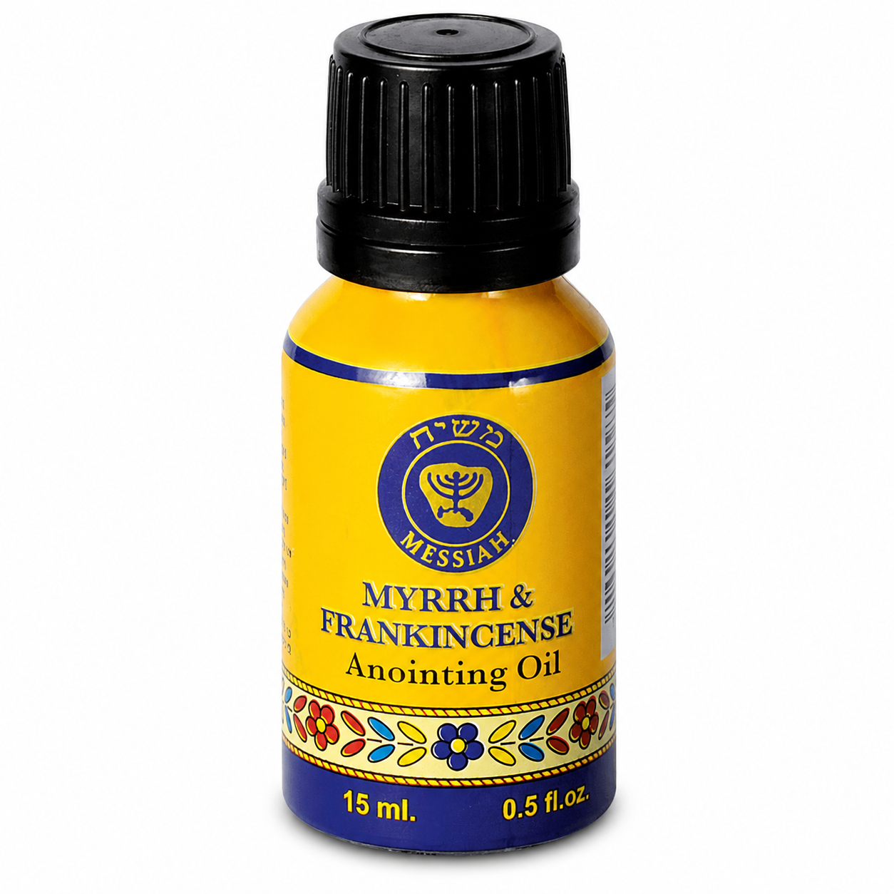 Ein Gedi Messiah Line Frankincense and Myrrh anointing oil 15ml cobalt glass bottle on white background